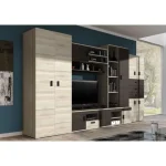 Dnevni regal RUBY . Dnevni regal RUBY je eleganten in zelo stabilen. Primeren je za vsako dnevno sobo. Korpus regala je v barvi svetlega hrasta, fronte