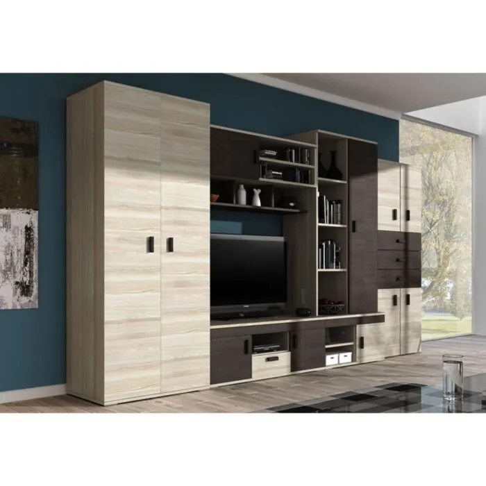 Dnevni regal RUBY . Dnevni regal RUBY je eleganten in zelo stabilen. Primeren je za vsako dnevno sobo. Korpus regala je v barvi svetlega hrasta, fronte