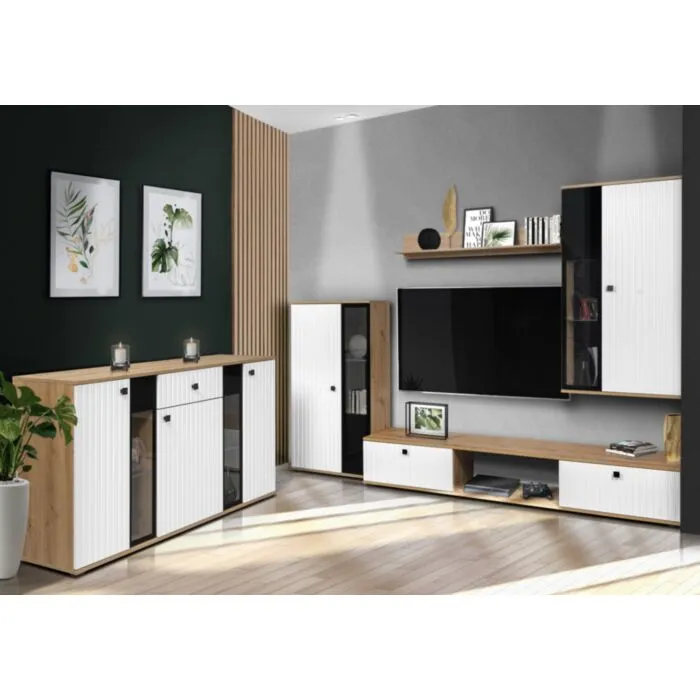 Dnevni regal SAMKI 7 . Dnevni regal SAMKI 7 je narejen iz kvalitetne laminirane plošče debeline 15 mm. Ima melaminski obrob ter plastične ročaje. Vsebuje