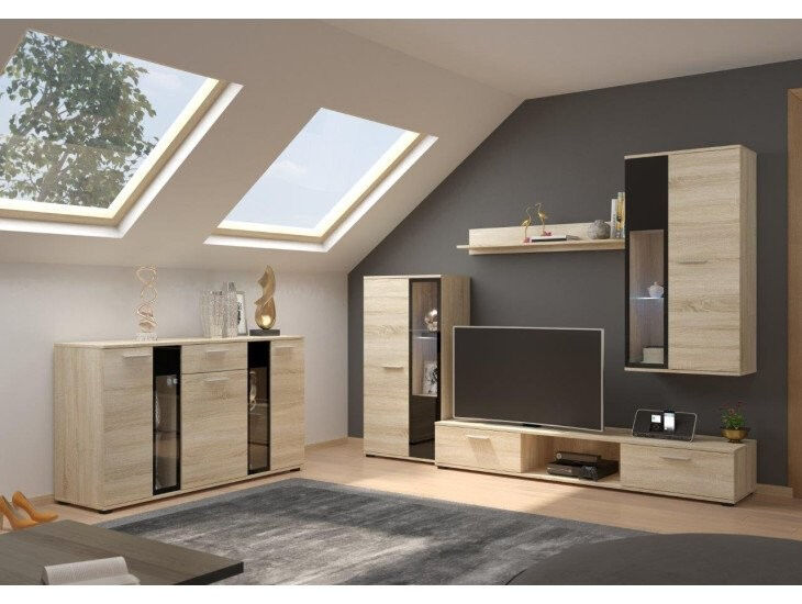 Dnevni regal SAMY Dnevni regal SAMY je moderen sestav za dnevno sobo, primeren za v vsako hišo ali stanovanje. Narejen je iz kvalitetne laminirane plošče. Dnevni regal