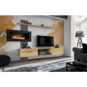 Dnevni regal SERENA . Dnevni regal SERENA, kateremu električni kamin v črni barvi doda eleganco ter atraktivnost. Narejen je iz laminirane plošče. Omarica