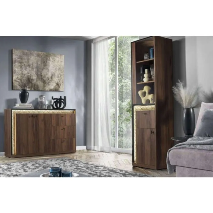 Dnevni regal SVEN Dnevni regal SVEN . Dnevni regal SVEN je mozaik okusa, stila in šika, ki bo pritegnil še tako zahtevne kupce. Klasičen antracit je obogaten z zlatimi ABS