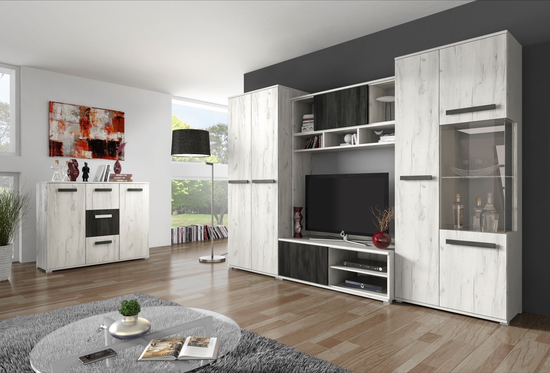 Dnevni regal TINA je modernega dizajna in je primeren za vsako dnevno sobo. Korpus in fronta omare so dobavljivi v hrast beli barvi, ročaji in fronte dveh