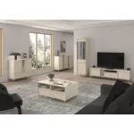 Dnevni regal TOMI bež . Dnevni regal TOMI bež je prava izbira za sodobne in elegantne prostore. Narejena iz kakovostne laminirane plošče debeline 16 mm,