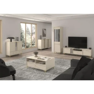 Dnevni regal TOMI bež . Dnevni regal TOMI bež je prava izbira za sodobne in elegantne prostore. Narejena iz kakovostne laminirane plošče debeline 16 mm,