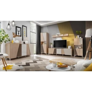 Dnevni regal VIZIJA . Dnevni regal VIZIJA je moderno oblikovan in elegantnega videza, brez ročajev. V kombinaciji barv, bele, bež in rjave z lesenim delom.