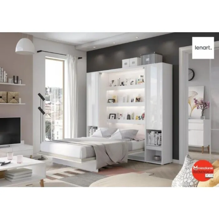 Dodatna omara za posteljo v omari METULJ1 - bela visoki sijaj Dodatna omara za posteljo v omari METULJ1 - bela visoki sijaj . Visoka, navpična omara za knjige z vrati, dvema vdolbinama in predalom, je na voljo v