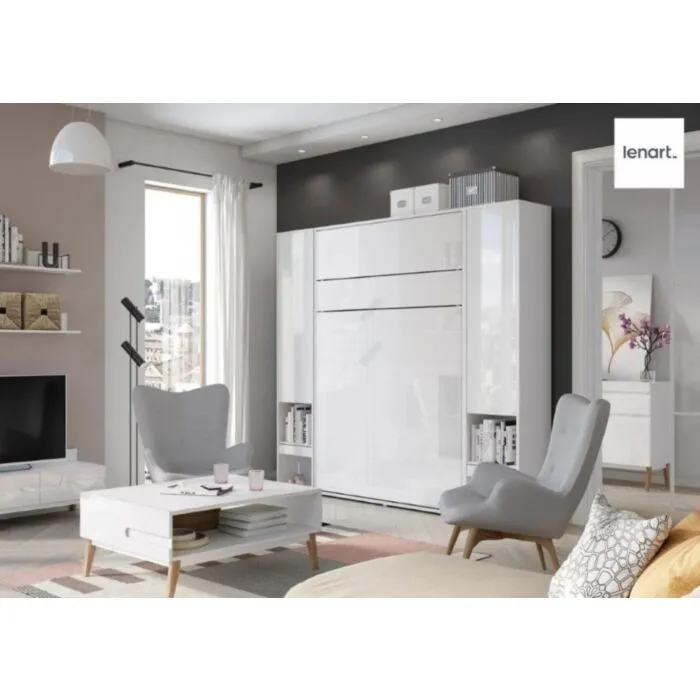 Dodatna omara za posteljo v omari METULJ1 - bela visoki sijaj Dodatna omara za posteljo v omari METULJ1 - bela visoki sijaj . Visoka, navpična omara za knjige z vrati, dvema vdolbinama in predalom, je na voljo v