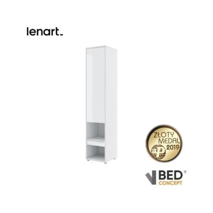 Dodatna omara za posteljo v omari METULJ1 - bela visoki sijaj Dodatna omara za posteljo v omari METULJ1 - bela visoki sijaj . Visoka, navpična omara za knjige z vrati, dvema vdolbinama in predalom, je na voljo v