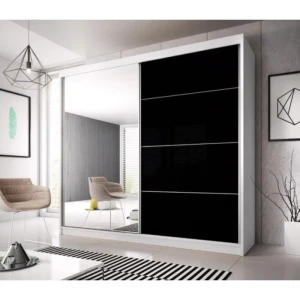 Drsna garderobna omara POMLAD . Preprosta, prostorna in elegantna drsna garderobna omara POMLAD ki ima na sprednji strani veliko ogledalo, ki bo vizualno