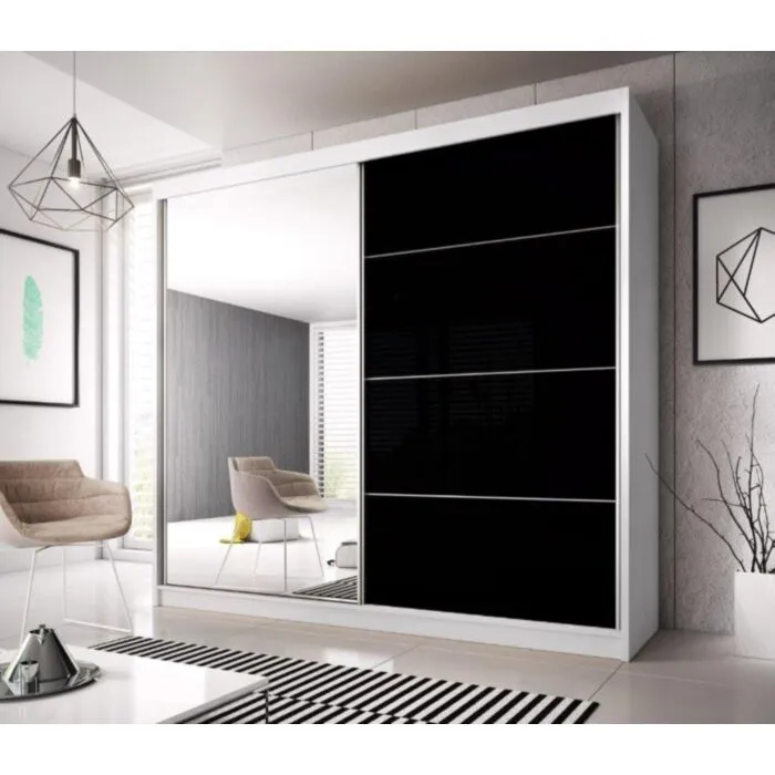 Drsna garderobna omara POMLAD . Preprosta, prostorna in elegantna drsna garderobna omara POMLAD ki ima na sprednji strani veliko ogledalo, ki bo vizualno