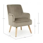 Fotelj ADELINE taupe je narejen iz borovega lesa in MDF-ja, noge so iz hrastovega lesa, prevleka je iz poliestra z učinkom žameta. Material: - Borov les -