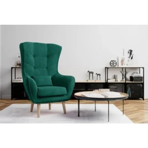 Fotelj AEL 3 . Fotelj AEL da vašemu domu eleganco in edinstvenost. Visoko naslonjalo in lesene noge mu dajejo eleganco in hkrati zagotavljajo odlično