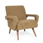 Fotelj BERNA . Fotelj BERNA ima okvir iz lesa in vezane plošče, noge imajo nastavljive nogice. Prevleka je iz poliestra z učinkom volne. Polnilo je iz