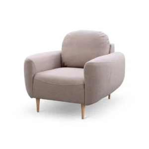 Fotelj RAKITA . Fotelj RAKITA je presenetljivo preprostega ter minimalističnega izgleda. Ima naravna lesene noge ter mlagno iz modnih materialov. Lahko ga