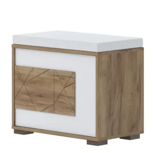 Garderobna klop VIŠNJA . Oblazinjena klop VIŠNJA je narejena iz odličnih materialov. Dobavljiva je v hrast / beli visoki sijaj barvi. Predal ima mehko