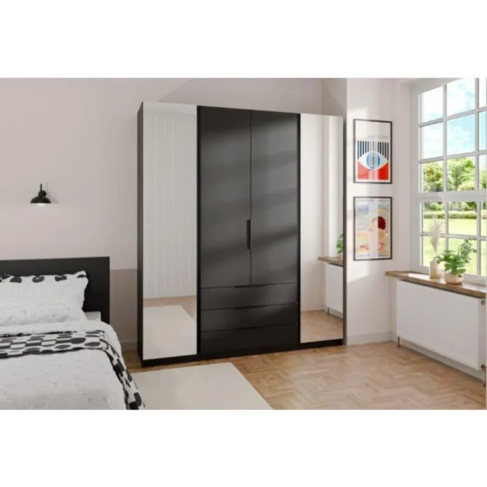 Garderobna omara ANGELA 3 Garderobna omara ANGELA 3 . Garderobna omara ANGELA 3 200 cm. Moderen dizajn v kombinaciji z ogledalom, vsebuje tudi predale. Narejena je iz laminirane