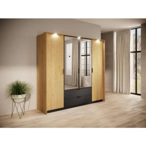 Garderobna omara BILI . Elegantna in moderna garderobna omara BILI je narejena iz odličnih materialov v barvi hrasta s kombinacijo črne. Narejena je iz