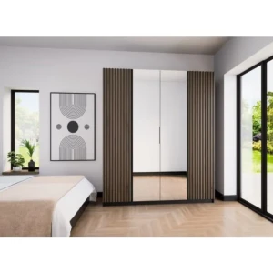 Garderobna omara EVITA 3 . Garderobna omara EVITA 3 200 cm ima moderen dizajn. Narejena je iz laminirane plošče debeline 16 mm. Stranice so v črni barvi,