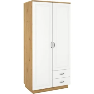 Garderobna omara FAJA 2 . Garderobna omara FAJA 2 je prostorna in kvalitetna. Sestavljajo jo dve krili in dva predala. Levo krilo ima dve polici, desno pa tri.