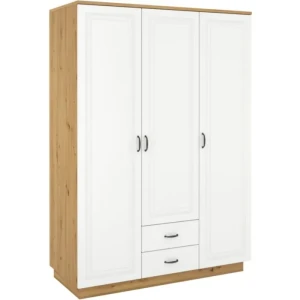 Garderobna omara FAJA . Garderobna omara FAJA je prostorna in kvalitetna. Sestavljajo jo tri krila z vrati in dva predala. Levo krilo ima dve polici, srednje