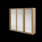 Garderobna omara KALIJA . Garderobna omara KALIJA s tremi drsnimi vrati in ogledali. Omara vsebuje obešalni del kakor tudi police. Izdelana je iz laminirane