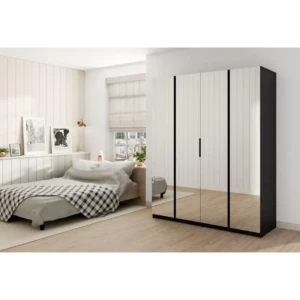 Garderobna omara KALINA 2 . Garderobna omara KALINA 2 200 cm ima moderen dizajn. Narejena je iz laminirane plošče debeline 16 mm. Stranice so v črni barvi,