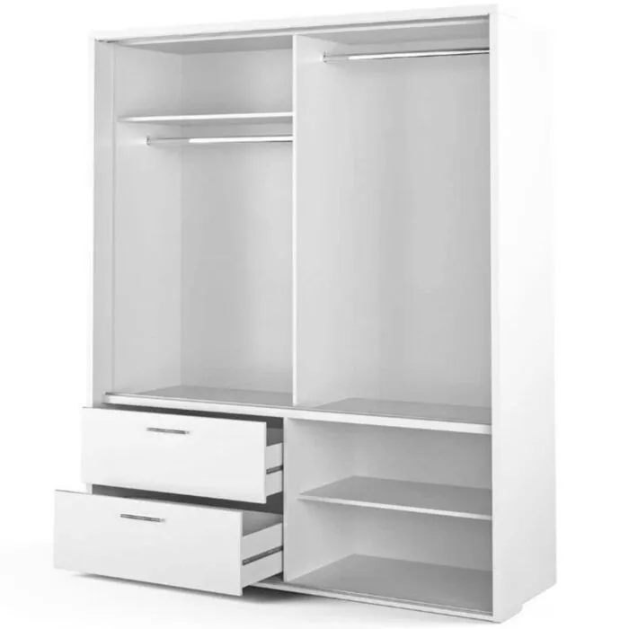 Garderobna omara KLARA Garderobna omara KLARA . Garderobnao mara KLARA je dvokrilna garderobna omara z ogledalom, dvema palicama, dvema predaloma, policami in osvetlitvijo. En del na