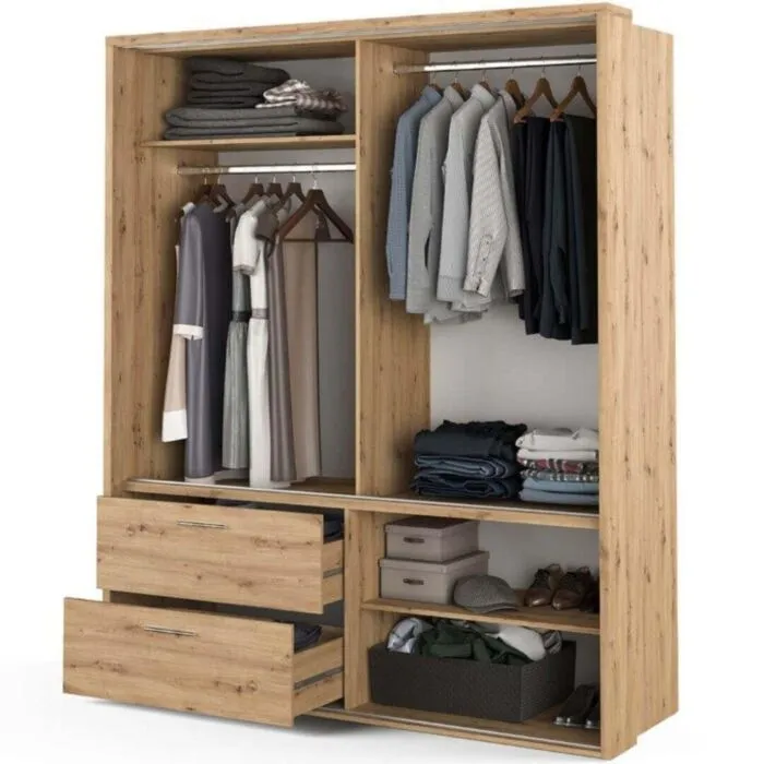 Garderobna omara KLARA Garderobna omara KLARA . Garderobnao mara KLARA je dvokrilna garderobna omara z ogledalom, dvema palicama, dvema predaloma, policami in osvetlitvijo. En del na