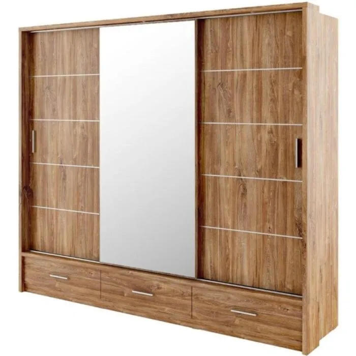 Garderobna omara KREŠO 1 Garderobna omara KREŠO 1 . Garderobna omara KREŠO ima 3 drsna vrata. NA sprednji strani je veliko ogledalo, na dnu omare pa trije lahko dostopni predali. V