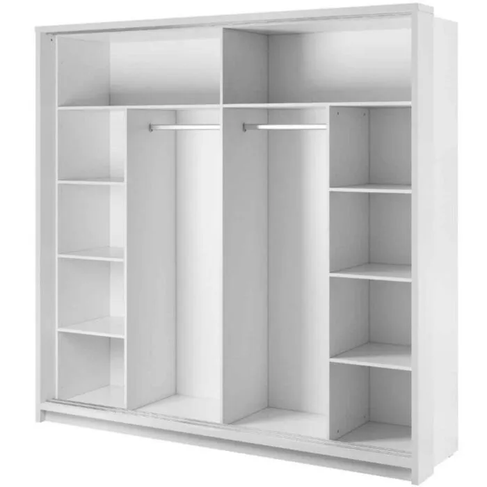 Garderobna omara KREŠO 8 Garderobna omara KREŠO 8 . Garderobna omara KREŠO 8 ima dvojna drsna vrata, ogledali in vgrajeno osvetlitev. Opremljena je z dvema prečkama za obešalnike