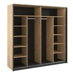 Garderobna omara KVIN 4 je modna omara z dvojnimi drsnimi vrati. Opremljena je z velikim ogledalom ter funkcionalno razporeditvijo polic in palic. V svoji