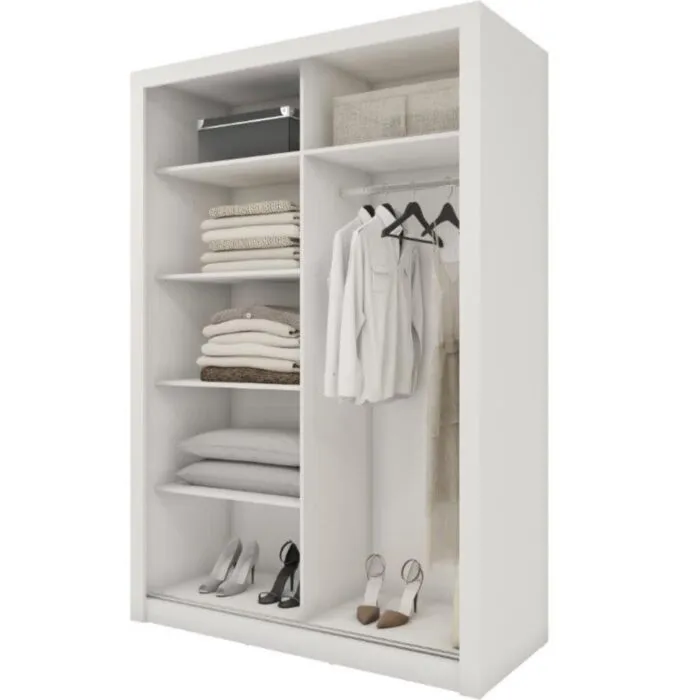 Garderobna omara LUPKO 150 Garderobna omara LUPKO 150 . Garderobna omara LUPKO 150 je majhna, a precej prostorna omara z dvojnimi drsnimi vrati, ki prihranijo prostor. Popolna je za