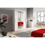 Garderobna omara OMEGA . Garderobna omara OMEGA je primerna za vse spalnice. Je zelo prostorna. Na levi strani ima zelo prostorne police, na desni strani pa je