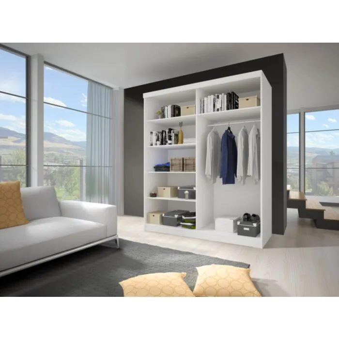 Garderobna omara OMEGA Garderobna omara OMEGA . Garderobna omara OMEGA je primerna za vse spalnice. Je zelo prostorna. Na levi strani ima zelo prostorne police, na desni strani pa je