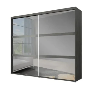 Garderobna omara TIFANY 2 . Drsna omara TIFANY 2 je iz kolekcije TIFANY 2. Njena glavna prednost je uporaba 2 palic in številnih polic, ki vam nudijo ogromno