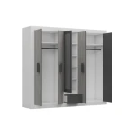 Garderobna omara ZEUS . Garderobna omara ZEUS je narejena iz kvalitetne laminirane plošče, debeline 16 mm in ima ABS robove. Primerna je za vsako spalnico.