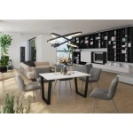 Jedilna miza CEZARO W . Jedilna miza CEZARO W je praktična in prijetna na pogled. Kombinacija toplega lesa in močne kovine je ravno pravšnja za vaš jedilni