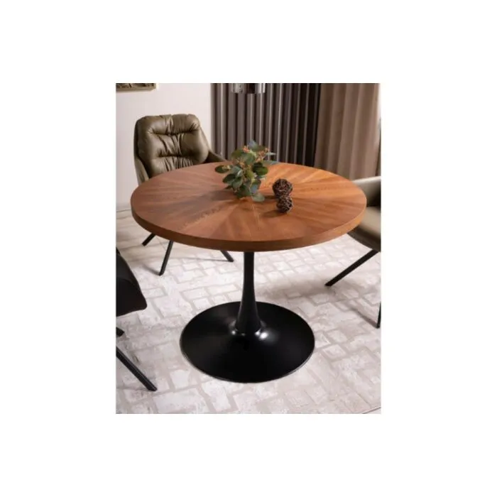 Jedilna miza IRENEJA Jedilna miza IRENEJA . Jedilna miza IRENEJA, je popoln kos pohištva. Mizna plošča je narejena iz naravnega furnirja v oreh barvi, ogrodje pa iz kovine v