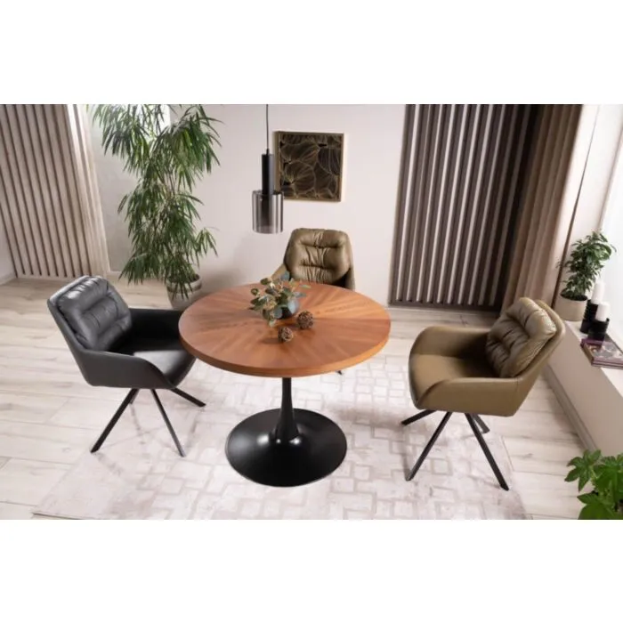 Jedilna miza IRENEJA Jedilna miza IRENEJA . Jedilna miza IRENEJA, je popoln kos pohištva. Mizna plošča je narejena iz naravnega furnirja v oreh barvi, ogrodje pa iz kovine v