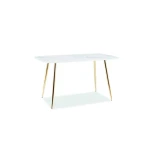 Jedilna miza IZABELA . Jedilna miza IZABELA je privlačna, elegantna in uporabna. Izgled marmorja ustvarja skupaj z zlatimi nogicami občutek razkošja v