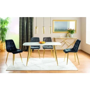 Jedilna miza IZABELA . Jedilna miza IZABELA je privlačna, elegantna in uporabna. Izgled marmorja ustvarja skupaj z zlatimi nogicami občutek razkošja v