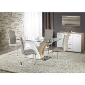 Jedilna miza VILMA . Miza VILMA je izdelana po trendu oblikovalcev pohištva, ki združujejo robustnost kovine s toplino lesa. Nežne oblike mize privlačijo