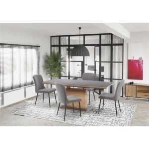 Jedilna raztegljiva miza KONRAD . Moderna miza KONRAD je dobavljiva v barvi zlatega hrasta, plošča mize in podnožje pa sta v temno sivi barvi. . Mizna