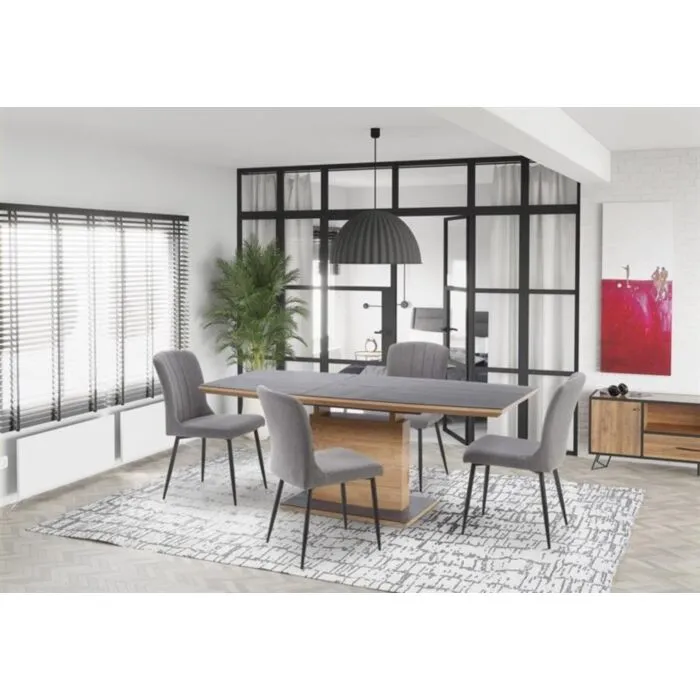 Jedilna raztegljiva miza KONRAD Jedilna raztegljiva miza KONRAD . Moderna miza KONRAD je dobavljiva v barvi zlatega hrasta, plošča mize in podnožje pa sta v temno sivi barvi. . Mizna