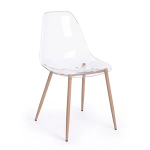 Jedilni stol MANDY prozoren . Jedilni stol MANDY je dobavljiv v prozorni barvi. Noge so izdelane iz kovine v barvi lesa. Sedalni del iz polipropilena. Barva: -