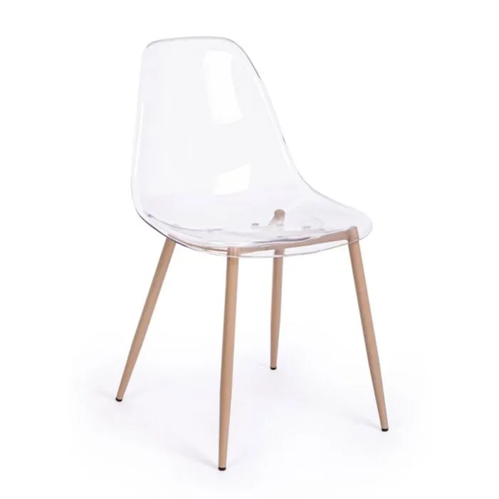 Jedilni stol MANDY prozoren . Jedilni stol MANDY je dobavljiv v prozorni barvi. Noge so izdelane iz kovine v barvi lesa. Sedalni del iz polipropilena. Barva: -