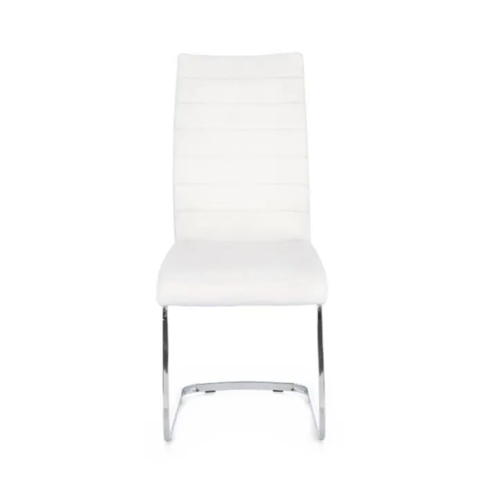 Jedilni stol MYRA bela Jedilni stol MYRA bela . Jedilni stol MYRA bela, ima noge iz jekla v kromirani barvi. Kar stolu zagotavlja stabilnost in prefinjen videz. Sedež in naslonjalo