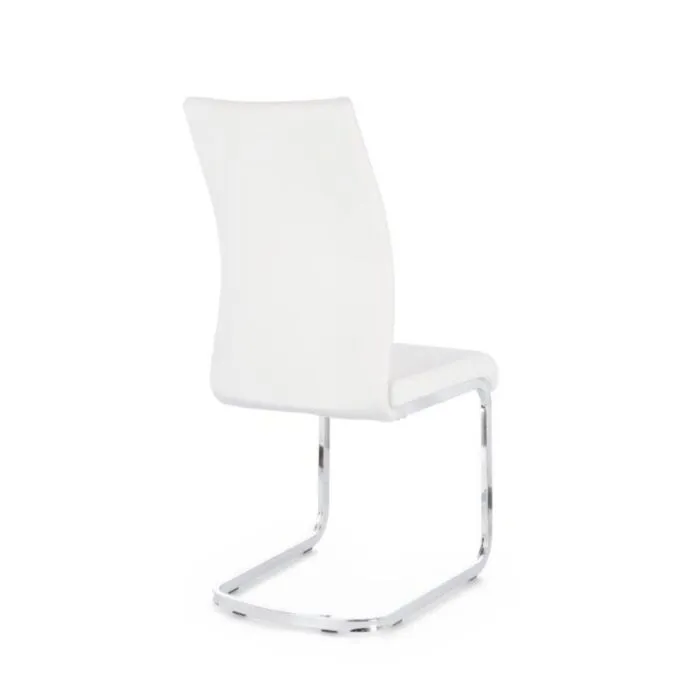 Jedilni stol MYRA bela Jedilni stol MYRA bela . Jedilni stol MYRA bela, ima noge iz jekla v kromirani barvi. Kar stolu zagotavlja stabilnost in prefinjen videz. Sedež in naslonjalo