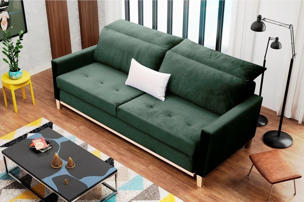 Moderen kavč PERRY je narejen iz kvalitetne tkanine in ima snemljivo oblazinjeno hrbtišče. Ogrodje in noge so iz lesa. Kavč se lahko raztegne v spalno